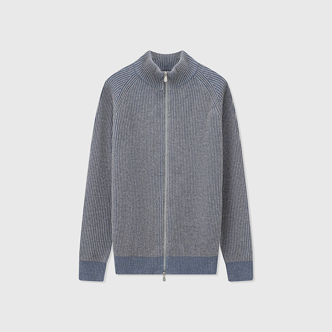 brunello cucinelli double yarn ribbed stand collar full zip wool cardigan